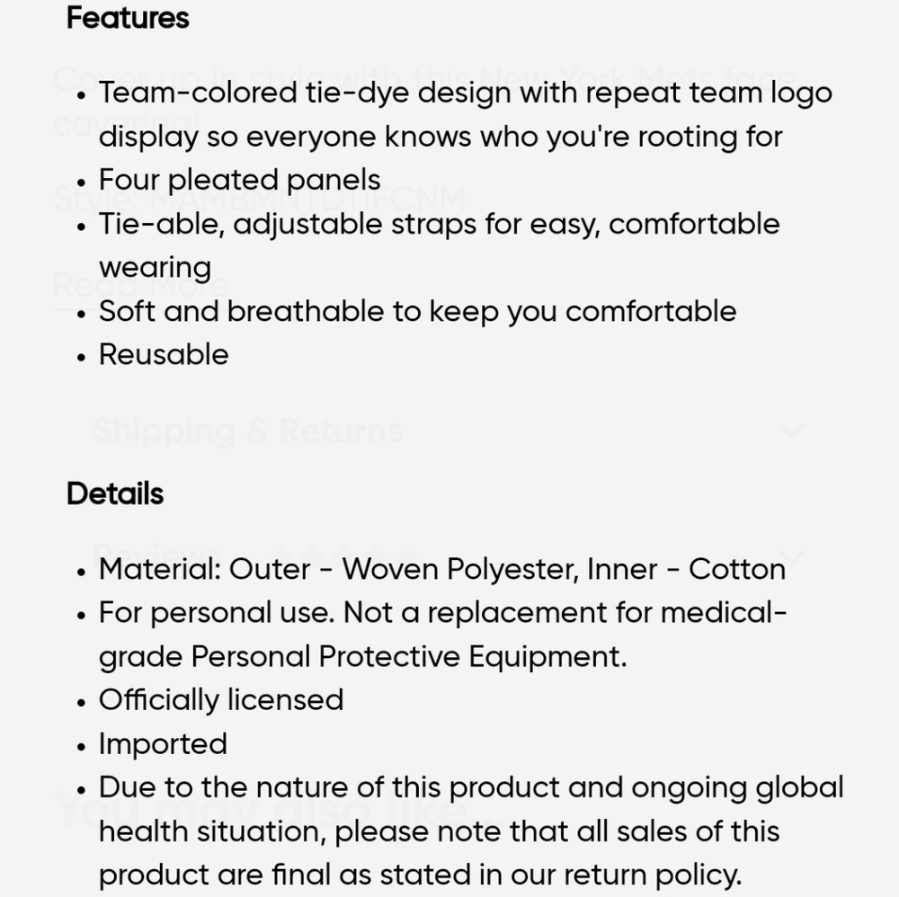 NWT Unisex New York Mets FOCO Pleated Face Mask - Picture 7 of 8